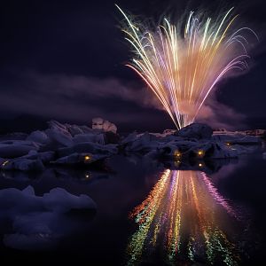 Firework show at Glacier Lagoon