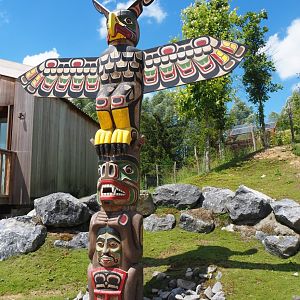 Totem pole theming in Native Village/Fallow deer walk-through area of The Last Frontier, 2022-06-28