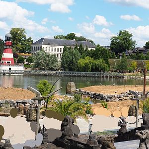Park view from The Kingdom of Ganesha with lighthouse, aquarium building and new islands, 2022-06-28