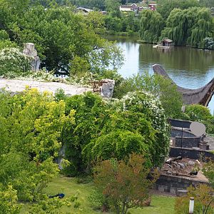 Lake and porcupine exhibits in the Kingdom of Ganesha, seen from the Flower Temple, 2022-06-28