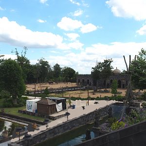 View towards the Asian elephant exhibits from the top of the Flower Temple, 2022-06-28