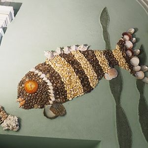 Cichlid artwork near aquarium building toilets, 2022-09-15