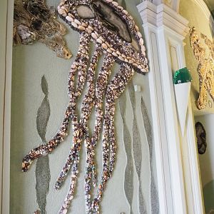 Jellyfish artwork near aquarium building toilets, 2022-09-15