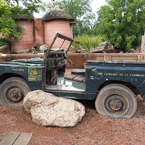 Pendjari National Park vehicle theming, with Red river hog paddock behind it, 2022-09-15