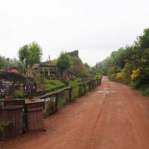 Walkway alongside gorilla island, with gorilla volcano and lemur house in background, 2022-09-15