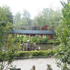 View to lower area from upper otter viewing area with viewing corridor and part of gibbon/goral/crane exhibit, 2022-09-15