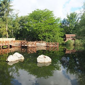 View of pond in Oceania section with new boardwalk and play areas and echnidna house, 2022-05-28