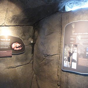 Bear signage in 'cave' Skansen