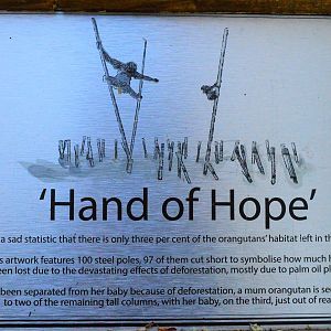 Sign next to orangutan sculpture.