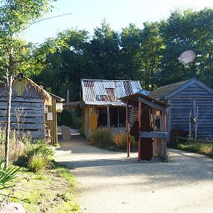 View on the Ring-tailed lemur island - Village area with lemur house, 2022-10-09