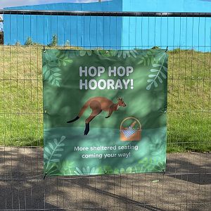 Signage about new seating area in old Sealion area, ZSL Whipsnade, UK