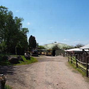 View from Aldabra giant tortoise exhibit to safari train station and tropical building, 2023-05-19
