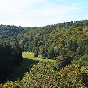 View onto the lower part of the wildlife park in the Lesse Valley from the higher area, 2023-09-26