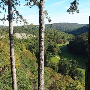 View onto the lower part of the wildlife park in the Lesse Valley from the higher area, 2023-09-26