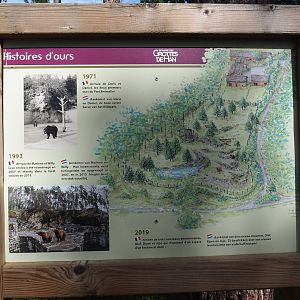 Signage about the history of bears at Han, with a map of the newer European brown bear exhibit, 2023-09-26