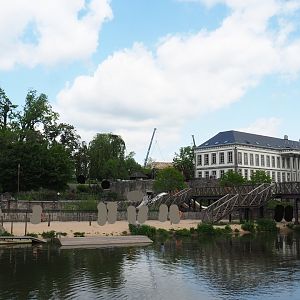 Pairi Daiza Steam Railway ride - African penguin and Harbor seal exhibit and 1854 castle aquarium building, 2023-05-16
