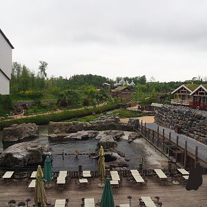 Steller's sea lion exhibit and The Last Frontier, seen from room in The Paddling Bear Hotel, 2023-05-15