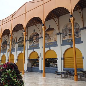 New entrance - Golden Clock Square food and drink shops and mosaics, 2023-10-13