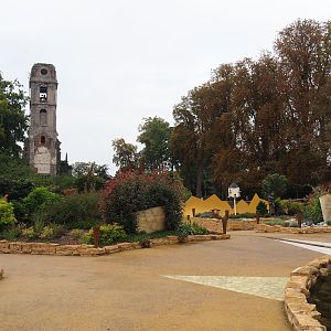 Egg of the World entrance area and old abbey tower, 2023-10-13