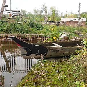 Part of American black bear exhibit and decorative boat, 2023-10-13