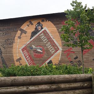 Aviation-themed barn with pelican aviary and storage and work areas for theming materials, 2023-10-13