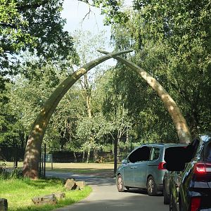 Entrance of multi-hectare savanna drive-through with giant tusks, 2023-08-15