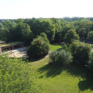 New entrance building and Lakenvelder cattle paddock seen from viewing tower next to parking lot, 2023-07-18