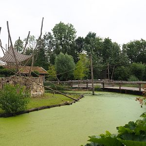 Capybara and Yellow-breasted capuchin exhibit and visitor boardwalk between monkey islands, 2023-07-18