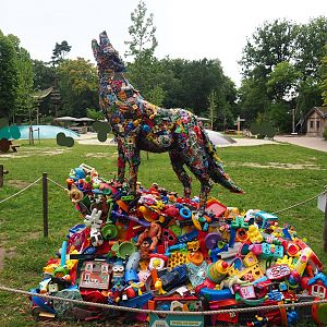 Recycled materials artwork exhibition - Wolf statue made from old plastic toys, 2023-08-17