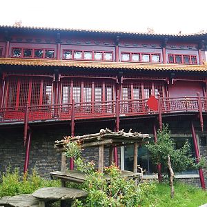 Pandasia - Outdoor exhibit and Giant panda and restaurant building, 2023-08-17