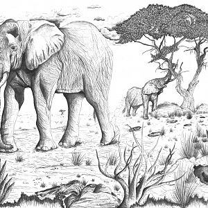 African Elephant landscape drawing