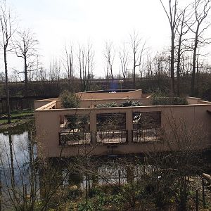 Moroccan pavilion with viewing areas, gardens, Barbary macaque indoor exhibit and toilets seen from upper viewing platform, 2023-03-28