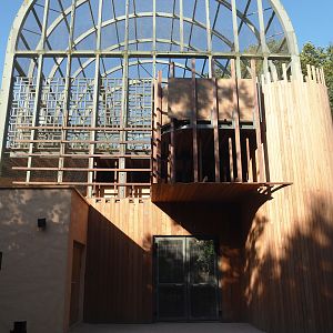 Side of the hippo house aviary, with new upper viewing area under construction now partially opened, 2024-08-28