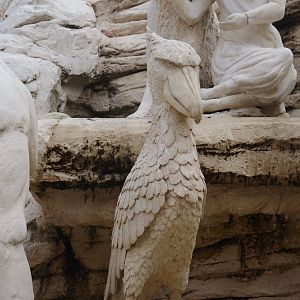 Golden Clock Square entrance area fountain with animal statues - Shoebill statue, 2024-09-17