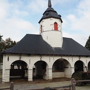 Historical farm building and former smaller petting zoo stable building, now housing pigeons, guinea pigs and feeding and shelter area, 2024-09-17