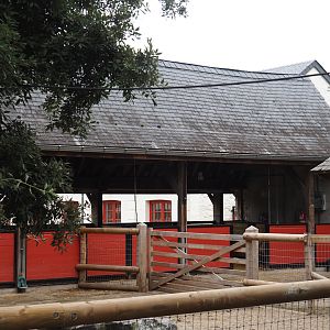 Göttinger mini pig and Chinese goose shelter and holding areas in former ticket checkpoint area, 2024-09-17