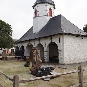 Historical farm building and former smaller petting zoo stable building, now housing pigeons, guinea pigs and feeding and shelter area, 2024-09-17