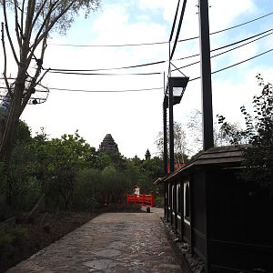 Islands of the Rising Sun - Hokkaido - Walkway, wall of Red-crowned crane exhibit and Siamang structures, 2024-09-17