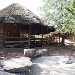 Former Congo African grey parrot aviary, now a shelter for the Ango-Nubian goat and African spurred tortoise walk-through, 2024-09-17
