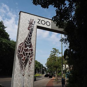 Zoo arc over the sidewalk and bike path of the Mülheimer Straße near the entrance, 2024-06-08