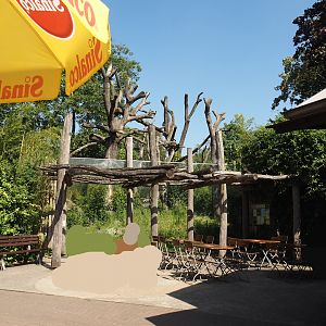 Eating area and viewing windows for spectacled bear exhibit next to Bärenkiosk snacks and drinks stand, 2024-06-08