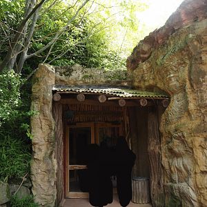 Entrance to Dschungel Abenteuer, African house with hippopotamus and chimpanzee indoor housing and smaller exhibits, 2024-08-05