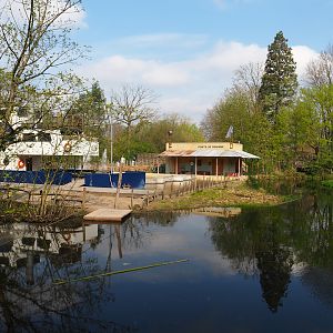 Part of African area playground with ship and harbor theme, customs post sitting and viewing area and bonobo island moat, 2023-04-18