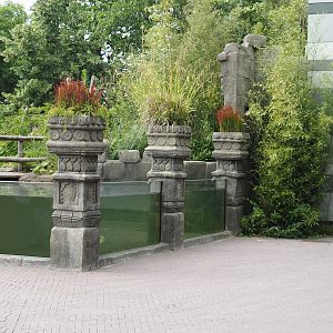 Monkey Ruins exhibit with at the koi (now sturgeons) in the moat, 2024-06-23