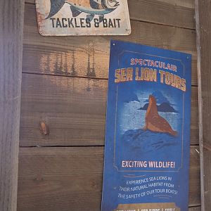 Nortica Hafên port themed area - Examples of fake advertisements in former sea lion theater, 2024-06-23