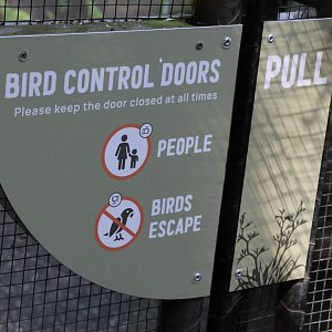 Sign to entrance of mixed Kererū and Red-crowned Kākāriki walk-through aviary