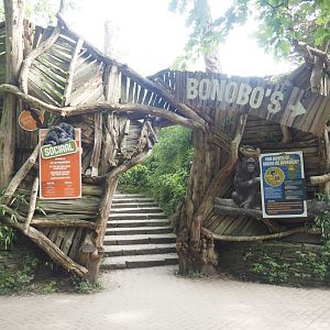 Entrance arch of bonobo area with educational signage, 2024-08-18