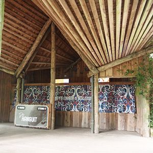 Shelter with closed food stand next to Bornean orangutan islands, 2024-08-18