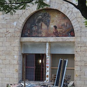 Construction of The Sanctuary, with new mosaic on the street side, 2025-09-01