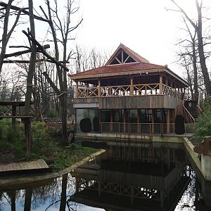 Part of Sumatran orangutan island and Sulawesi black-crested macaque house with viewing areas, 2024-03-04